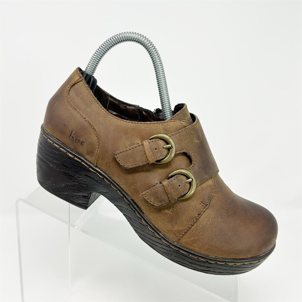 b.o.c. Women's Brown Leather Double Buckle Clog Heel Shoes Side Zip Comfort 8